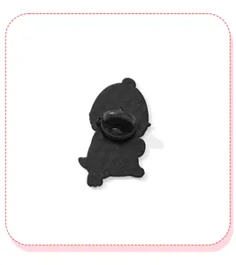 Cute penguin enamel pin back detail view, metal alloy badge back with secure rubber clutch.