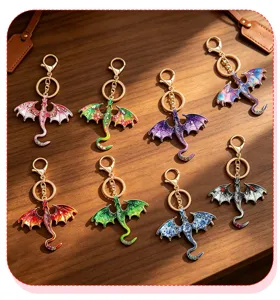 Metal dragon keychain set, colorful enamel dragon bag charm, stylish fantasy accessory.