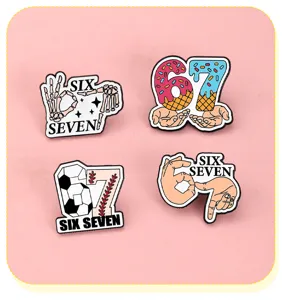 Enamel pin badge set with funny number 67 and skeleton gesture design for backpack decor.