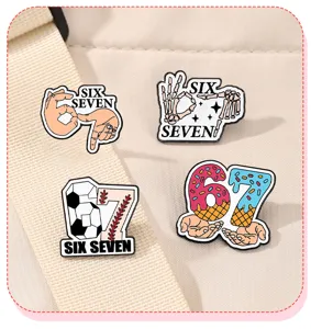 Close-up detail of creative number 67 gesture skeleton alloy enamel pin backpack badge.