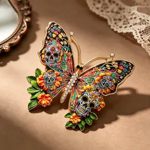 Tag Der Toten Schmetterling Totenkopf Brosche Vintage Gothic Legierung Strass Pin Floral Sugar Skull Abzeichen Für Kleidung Dekoration Unisex Schmuck