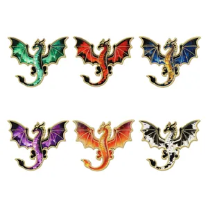 Set of 6 colorful fantasy dragon enamel pins, metallic alloy brooches for clothing decor.