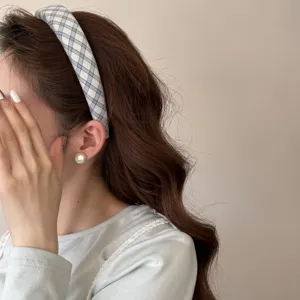 Sweet blue plaid headband for women, thick sponge high crown hair hoop fashion accessory detail.