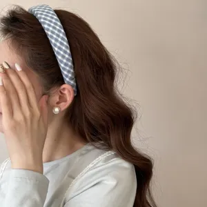 Blue plaid sponge headband detail, sweet daily hair accessory showing high cranial top styling.