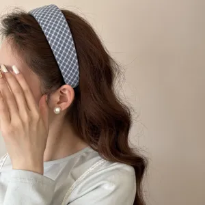 Blue checkered headband detail, sweet sponge hair hoop for women daily wear accessory.