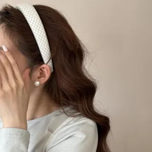 Sweet blue plaid headband detail view, showing soft sponge high cranial top hair hoop wear.