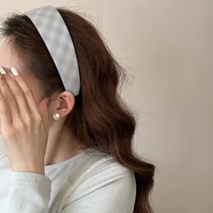 Blue plaid headband for women, sweet sponge high top hair hoop, cute fashion hair accessory detail.