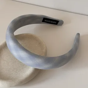 Sweet light blue plaid sponge hair hoop women headband cute hair accessory detail view