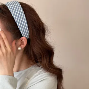 Blue checkered headband for women, sweet sponge hair hoop, cute daily fashion hair accessory.