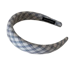 Blue plaid headband for women, sweet and cute wide hair hoop, sponge high cranial top hair accessory.