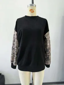 Women casual colorblock camo sleeve mock neck fleece pullover sweatshirt details