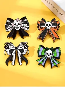 Spilla teschio fiocco Halloween lega smalto stile gotico accessorio borsa distintivo