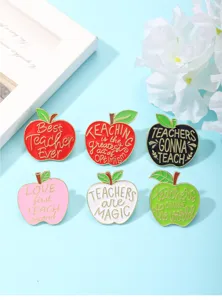 Details of teacher apple enamel brooch pins set, cute appreciation gift accessories.