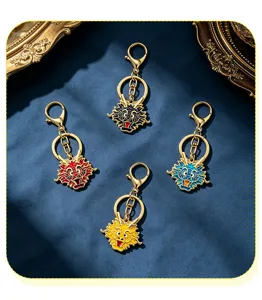 Chinese zodiac dragon metal keychain, colorful enamel dragon head pendant for car keys gift.