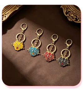 Metal dragon keychain set, four colorful zodiac dragon head pendants for car keys and bags.