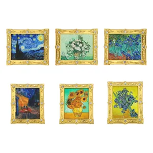 Van Gogh berühmte Gemälde Metall Strass Kühlschrankmagnet Set, goldene Vintage Magnetkunst.