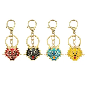 Chinese style zodiac dragon metal keychain set with four colorful enamel pendant designs.