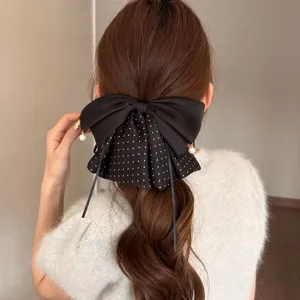 Schwarze Polka Dot Haarspange Schleife mit Perlen für elegante Damen Halbhochsteckfrisur