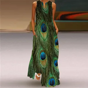 Robe longue sans manches avec col en V et imprimé de plumes de paon élégant pour femmes.