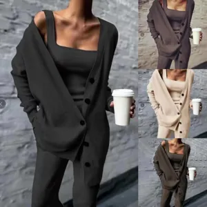 Femmes Decontracte Couleur Unie Maille Cardigan Gilet Et Longue Pantalon Tenue Mode Quotidien Automne Hiver Vetement