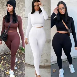 Women's Casual Ribbed Tracksuit Two Piece Set Slim Fit Long Sleeve Top And Bottom Sporty Loungewear Suit For Autumn Winter