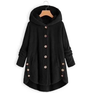 Black fuzzy sherpa hooded cardigan detail showcasing soft texture and wooden buttons.