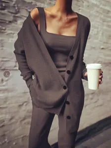 Ensemble Tricot 3 Pièces Femme Cardigan Débardeur Et Long Pantalon Automne Casual