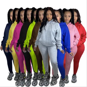 Damen Fleecegefüttertes Kapuzenpullover Hosen Set Einfarbig Lässig Sportlich Top Und Bottom Warm Winter Jogginganzug