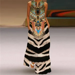 Robe longue sans manches col V avec imprimé collier égyptien et motif zébré élégant.