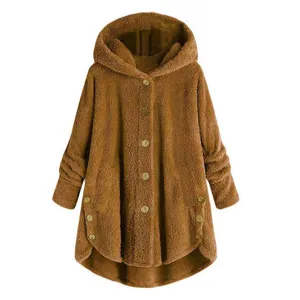 Cozy brown sherpa hooded cardigan with front buttons, soft fleece fabric for autumn/winter warmth.