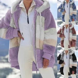 Γυναικείο Χειμερινό Colorblock Χνουδωτό Fleece Tζάκετ Με Κουκούλα Casual Ζεστό Παλτό