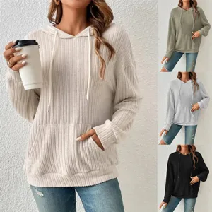 Women Casual Ribbed Knit Hoodie Long Sleeve Kangaroo Pocket Drawstring Hooded Sweatshirt Solid Color Autumn Winter Streetwear Top