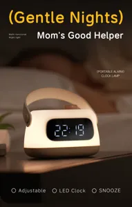 Portable LED alarm clock night light with handle, USB rechargeable and stepless dimming.
