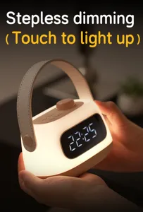 Portable LED alarm clock night light with handle, USB rechargeable and stepless dimming.