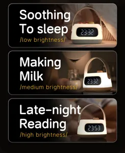 Portable LED alarm clock night light with stepless dimming and USB rechargeable battery.