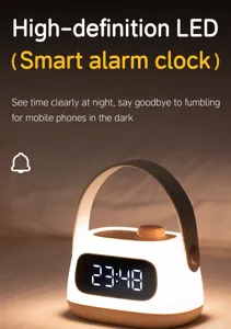 Portable LED alarm clock with night light function, USB rechargeable bedside lamp.