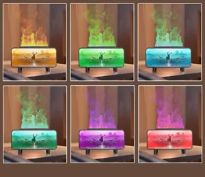 Detailed view showcasing multiple vibrant LED flame lighting colors of the aroma humidifier.