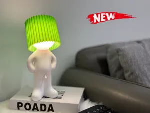 USB rechargeable cute funny little man night light with green pleated lampshade for bedroom desk