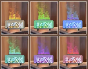 Detailed view showing multi-color flame humidifier variants with cozy cabin design.