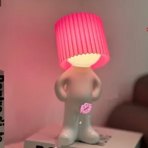 USB rechargeable cute shy boy night light with pleated lampshade, two dimming modes for bedroom.