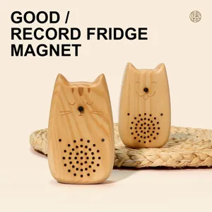 Cute wooden cat record fridge magnet and voice recorder, creative 2-in-1 gift design.