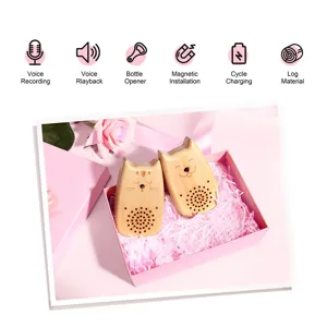 Wooden cat voice recorder detail, magnetic bottle opener feature, charging design, gift box.