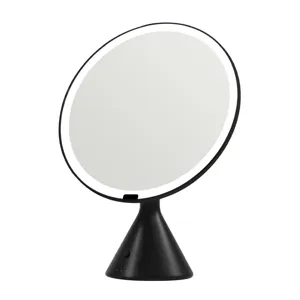 Specchio da trucco LED da tavolo nero con luce anulare e base conica elegante design.