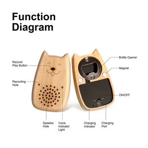 Wooden cat voice recorder detail view showing charging port, speaker hole and bottle opener features