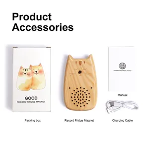 Cute wooden cat shape recordable fridge magnet with charging cable and manual included.