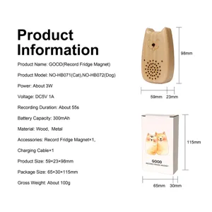 Wooden recordable fridge magnet cat shape rechargeable audio message board with box 59x23mm