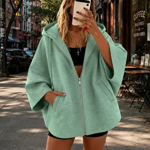 Chaqueta informal lisa con capucha y cremallera de manga tres cuartos y bolsillos para mujer