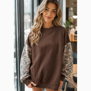 Loose mock neck color block camouflage fleece sweatshirt for women, autumn winter casual style.