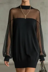Black mesh spliced long sleeve stand collar slim fit jumpsuit for women fashion daily wear