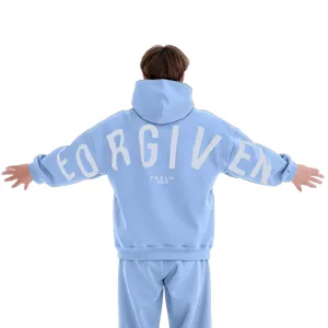 Oversized hellblaue Kapuzenpullover und Hosen Set fuer Herren casual streetwear ruecken print